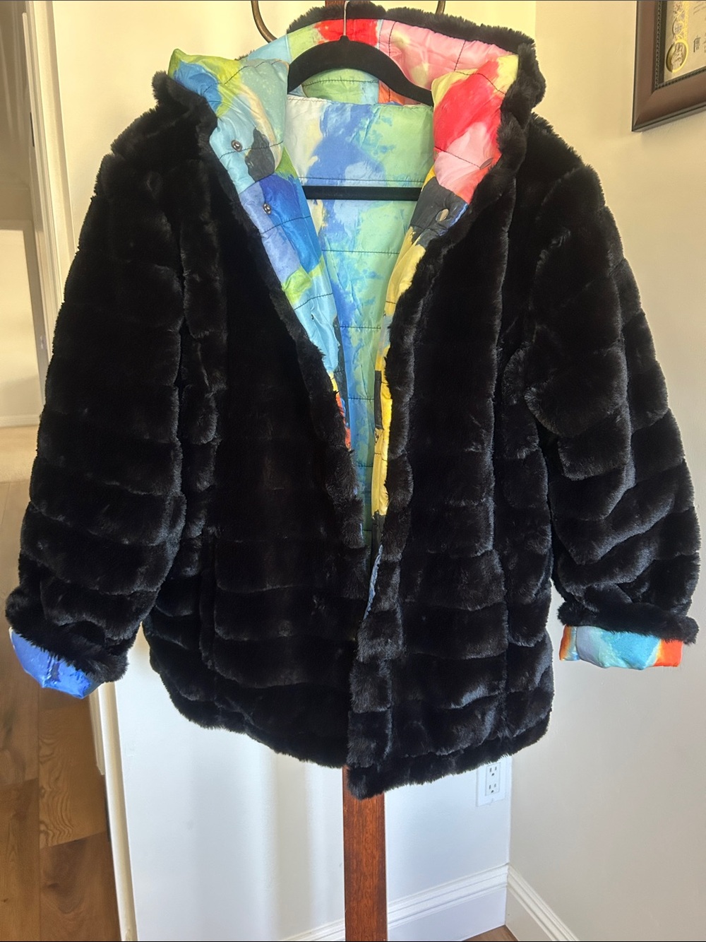 NWT Claire Desjardins Carre Noir Reversible Faux Fur Art Coat size L
